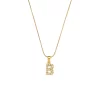 Gold-plated B alphabet necklace with pearls, showcasing a modern, elegant design, hanging on a simple gold chain.