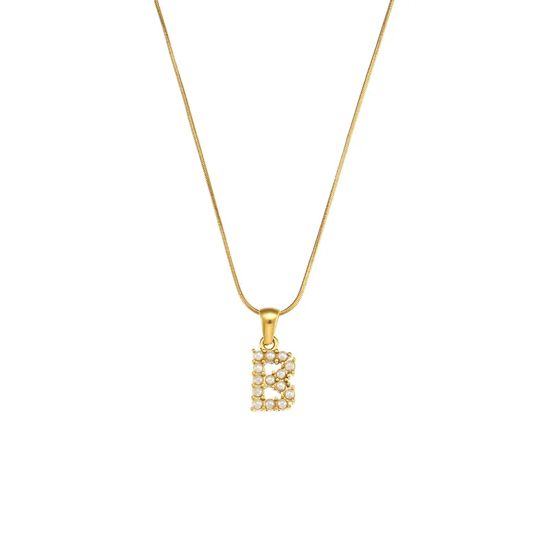 Gold-plated B alphabet necklace with pearls, showcasing a modern, elegant design, hanging on a simple gold chain.