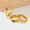 Set of 18K gold rings with pink, green, and clear cubic zirconia gemstones, waterproof and tarnish-resistant.