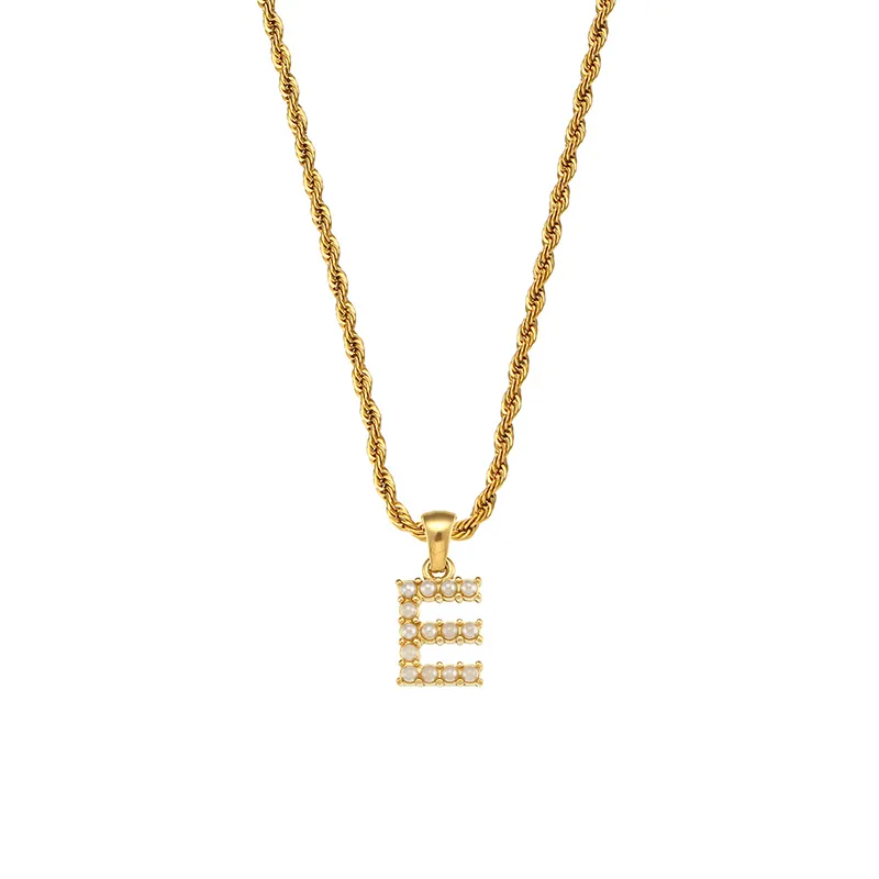 18K gold "E" initial necklace with pearl embellishments and twisted rope chain, waterproof and durable.