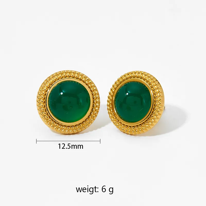 Gold earrings featuring round green agate stones surrounded by gold beading.