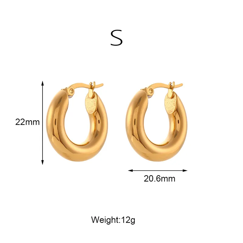 Gold S-sized hoop earrings with 22mm diameter and 20.6mm width, waterproof and tarnish-resistant.
