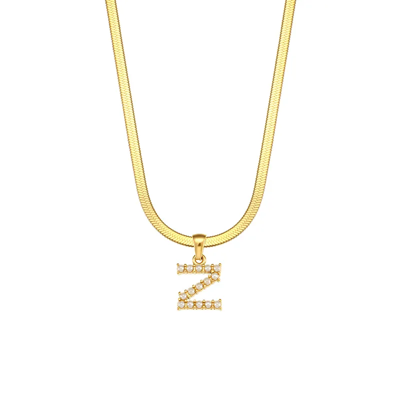 18K gold "Z" initial necklace with pearl accents, waterproof and durable.