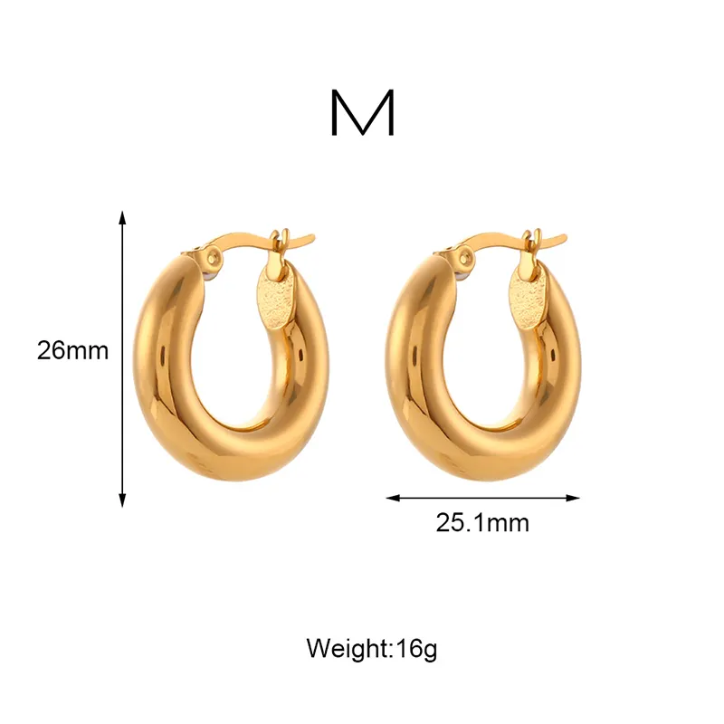 Gold M-sized hoop earrings with 26mm diameter and 25.1mm width, waterproof and tarnish-resistant.