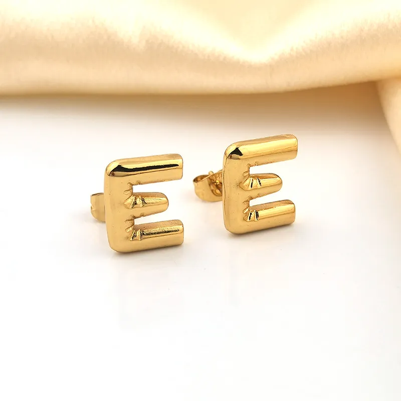 Gold "E" letter stud earrings, waterproof and tarnish-resistant.