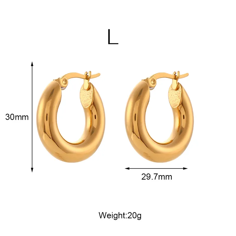 Gold L-sized hoop earrings with 30mm diameter and 29.7mm width, waterproof and tarnish-resistant.