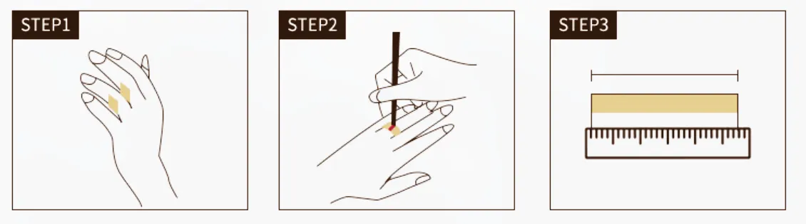 A three-step guide for measuring finger circumference for ring sizing, showing wrapping a strip around the finger, marking the overlap point, and measuring the strip with a ruler.