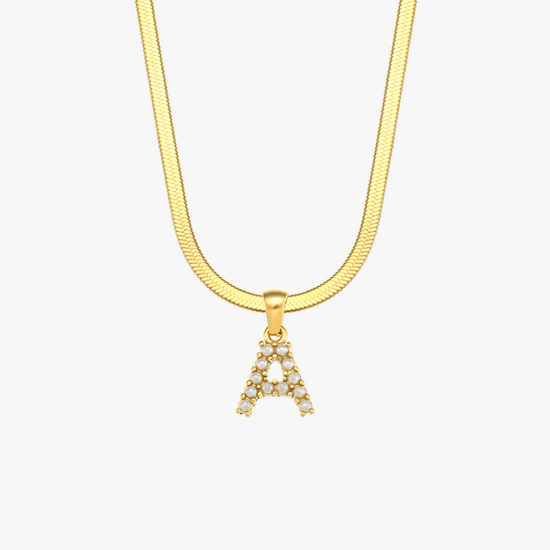 18K gold-plated letter "A" pendant necklace adorned with pearls, displayed on a clean white background for a polished and chic look.