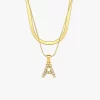 18K gold-plated double-layered necklace with a letter "A" pendant adorned with pearls, shown on a white background for an elegant display.