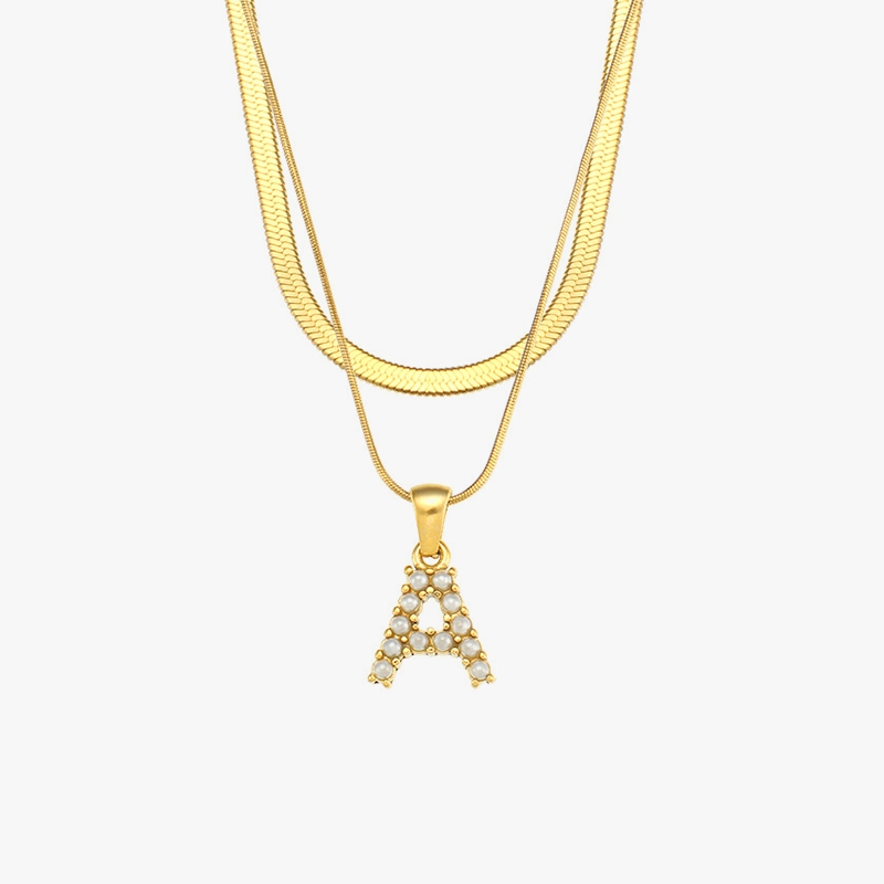 18K gold-plated double-layered necklace with a letter "A" pendant adorned with pearls, shown on a white background for an elegant display.