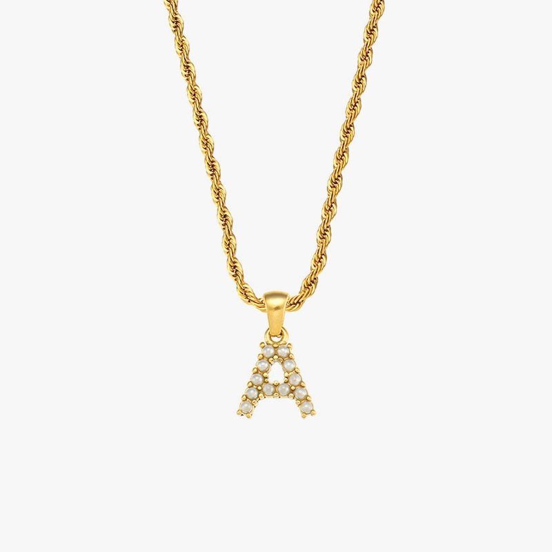 18K gold-plated letter "A" pendant necklace with pearls, displayed on a white background, showcasing a polished and elegant design.