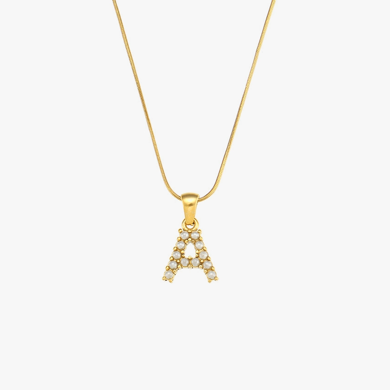 18K gold "A" initial necklace with pearl details, waterproof and durable.