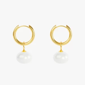 A pair of 18K gold-plated hoop earrings with dangling white pearls, designed to be waterproof and tarnish-resistant.