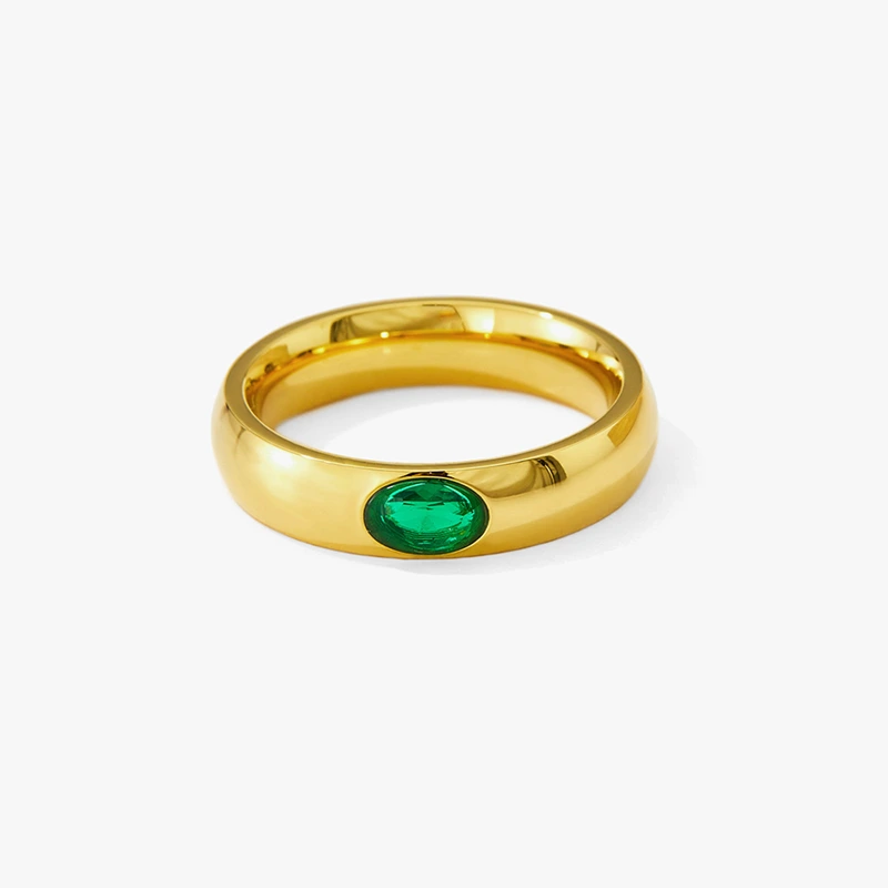 18K gold ring with green cubic zirconia gemstone, waterproof and tarnish-resistant.