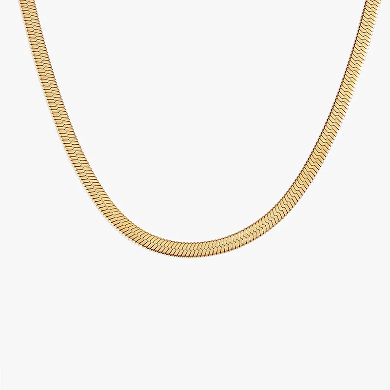 A gold herringbone chain necklace with a polished finish, displayed against a white background to highlight its sleek design.