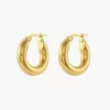 A pair of polished gold hoop earrings with a sleek, smooth design.
