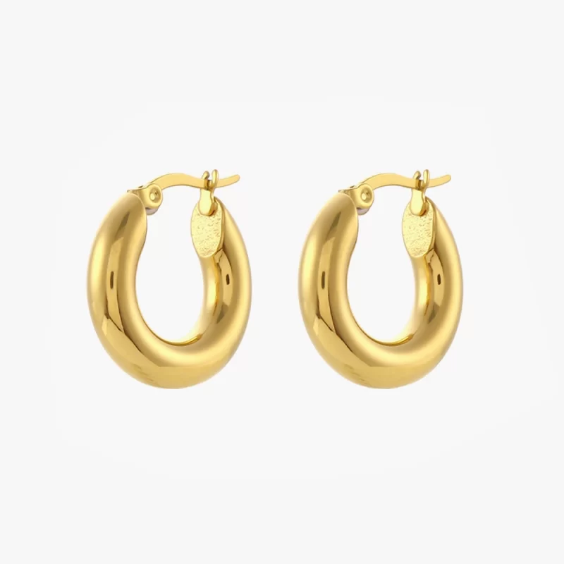 A pair of polished gold hoop earrings with a sleek, smooth design.