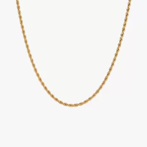 A gold rope chain necklace with a polished finish and twisted-link design, displayed against a white background.
