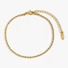 A gold rope chain bracelet with a polished finish, featuring an adjustable extender and a secure lobster clasp, displayed against a white background.