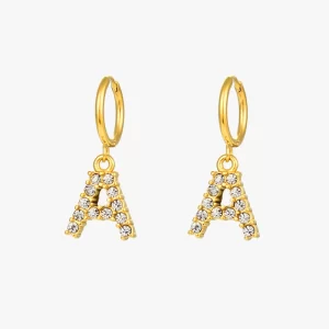 Gold hoop earrings with 'A' alphabet pendant, adorned with AAA zircon stones for a personalized and elegant look.