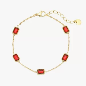 Gold bracelet adorned with five rectangular red cubic zirconia stones, designed with a minimalist gold chain for an elegant look.
