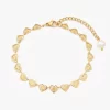 18K gold-plated heart chain bracelet with engraved heart details, an adjustable extension chain, and a pearl accent, displayed on a white background.