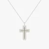 Silver stainless steel cross pendant encrusted with cubic zirconia crystals, hanging from a silver chain.