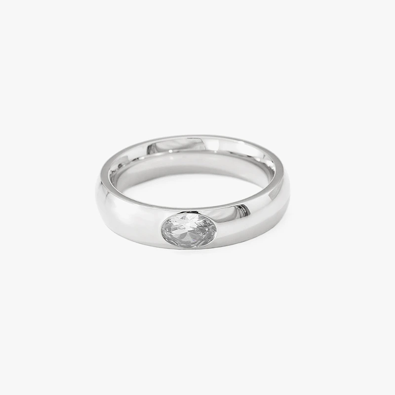 Silver ring with oval cubic zirconia stone.