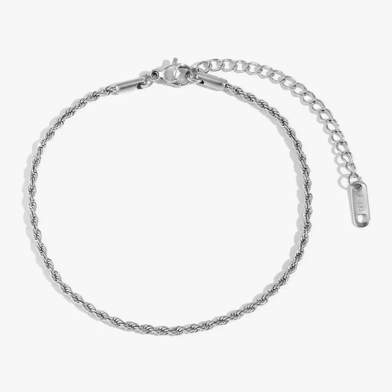 Close-up of a stainless steel rope chain bracelet with an adjustable extension chain and lobster clasp, designed to be waterproof and tarnish-resistant.