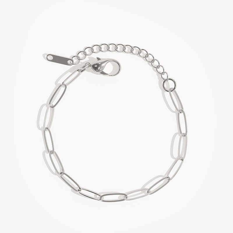 Stainless steel silver paperclip chain bracelet with adjustable clasp, modern and minimalist.