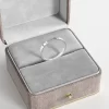 A stainless steel flat-edge band ring, elegantly displayed in a gray velvet jewelry box, highlighting its sleek and modern design.