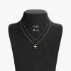 An 18K gold cross pendant necklace with cubic zirconia, displayed on a black mannequin with chain length measurements for reference.