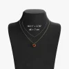 18K gold necklace with a red agate heart pendant, displayed on a black velvet bust with adjustable chain length measurements.