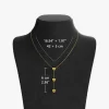 18K gold heart pendant necklace displayed on a black bust, featuring adjustable chain length measurements in inches and cm.