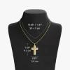 18K gold cross pendant necklace with sparkling stones, displayed on a black velvet bust with detailed size and chain length measurements.