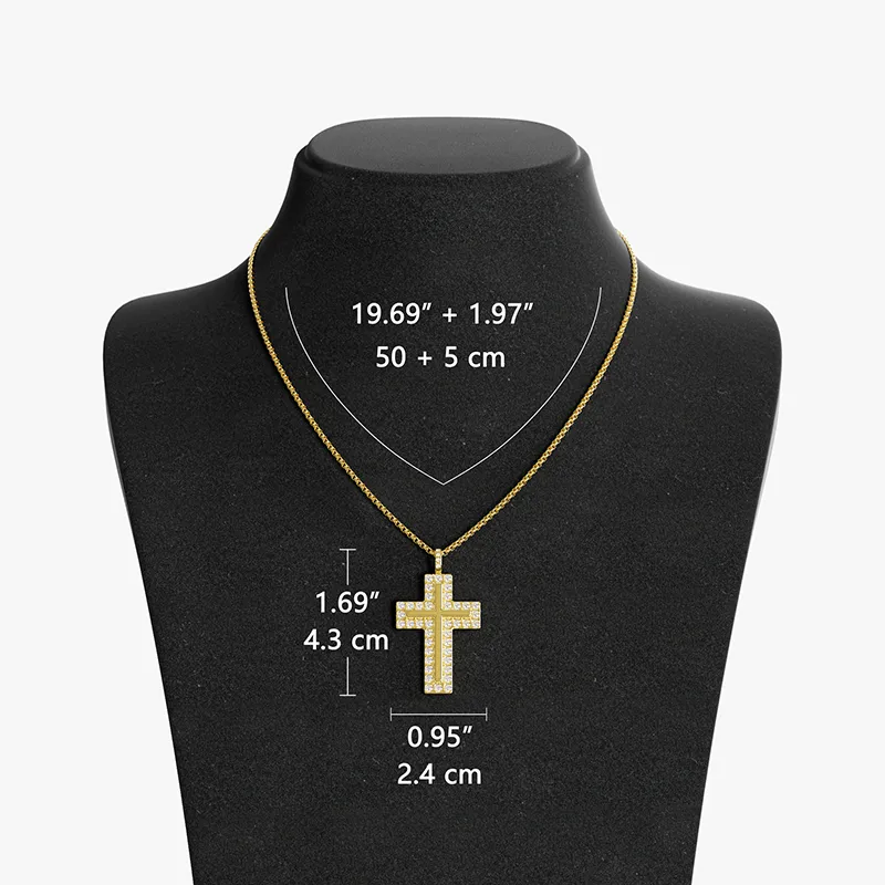 18K gold cross pendant necklace with sparkling stones, displayed on a black velvet bust with detailed size and chain length measurements.
