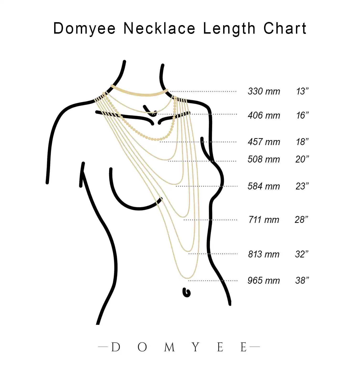 domyee necklace length chart showing standard chain sizes from 13 to 38 inches