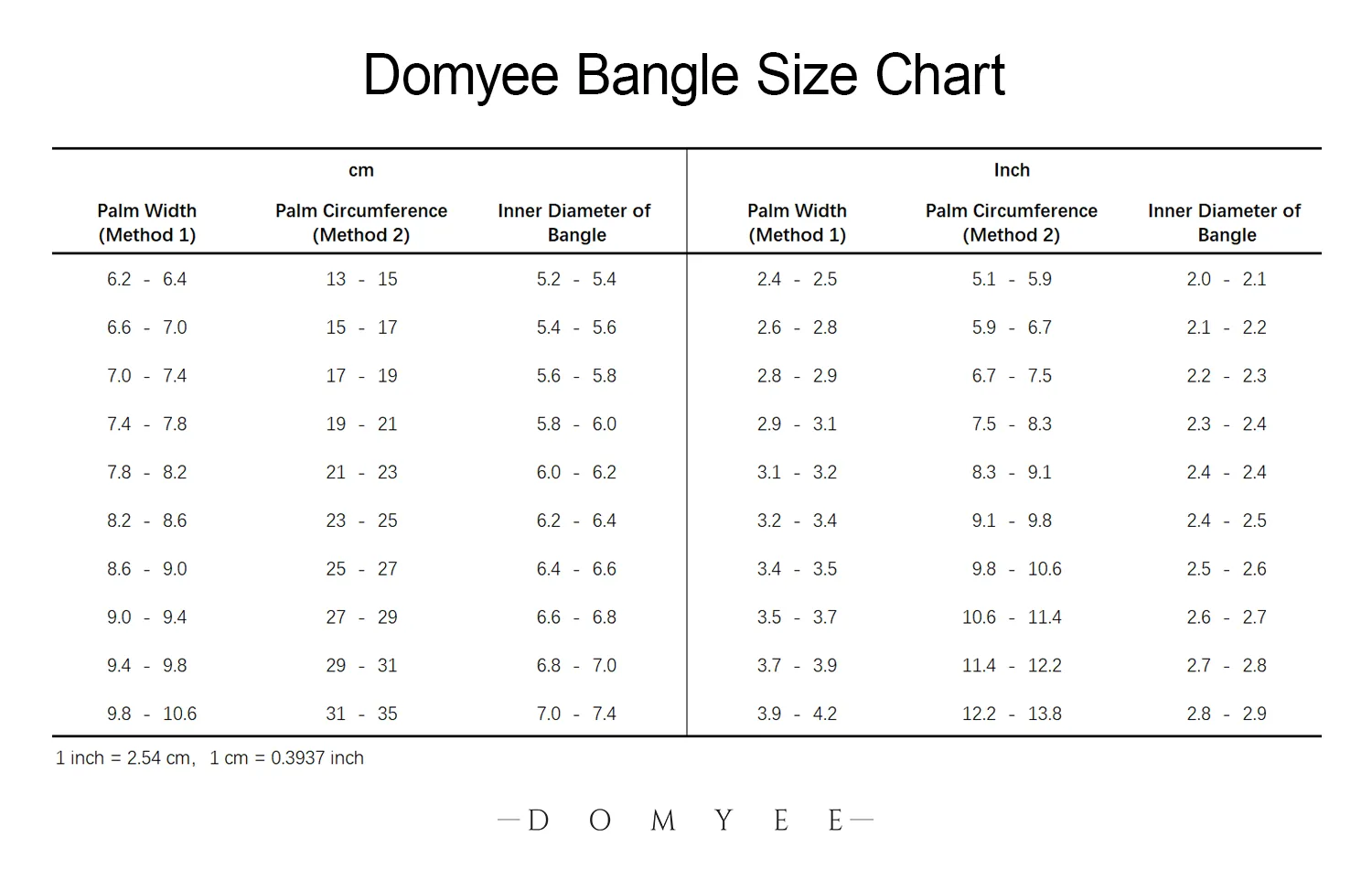 domyee bangle size chart for converting palm measurements to bangle inner diameter in inches and cm