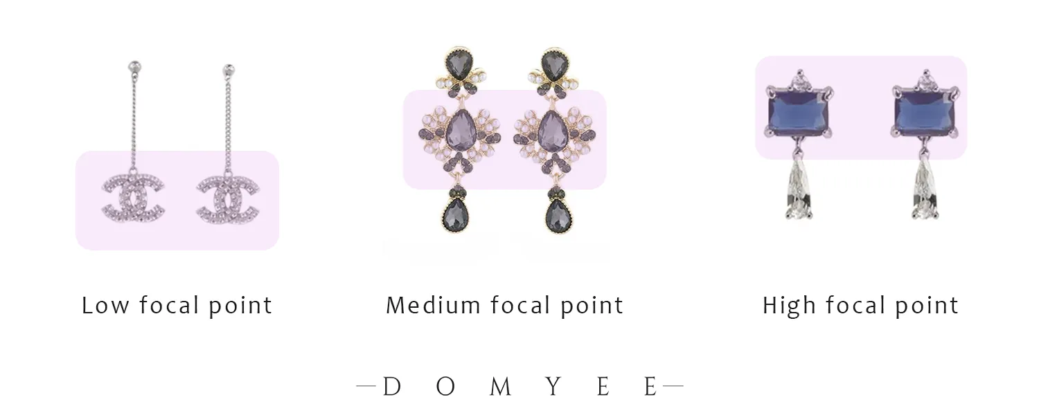 Examples of visual focus of earrings are low visual focus, medium visual focus and high visual focus, respectively.