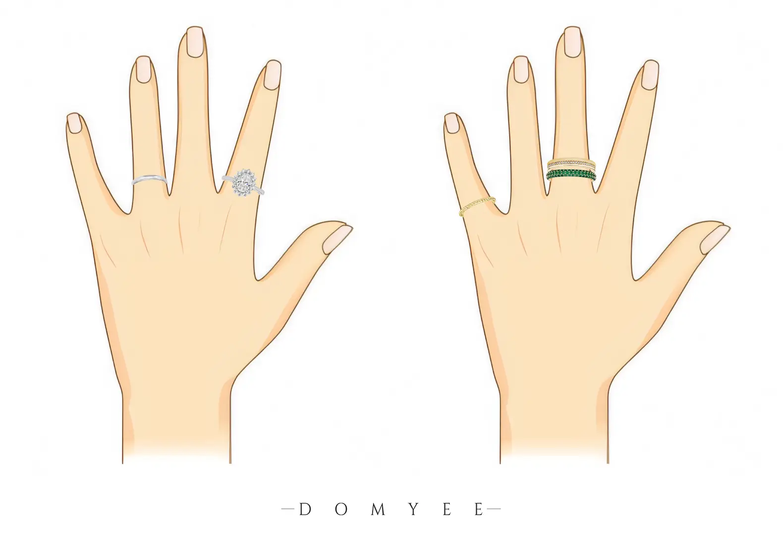 The picture shows how to choose and match rings will be more harmonious.
